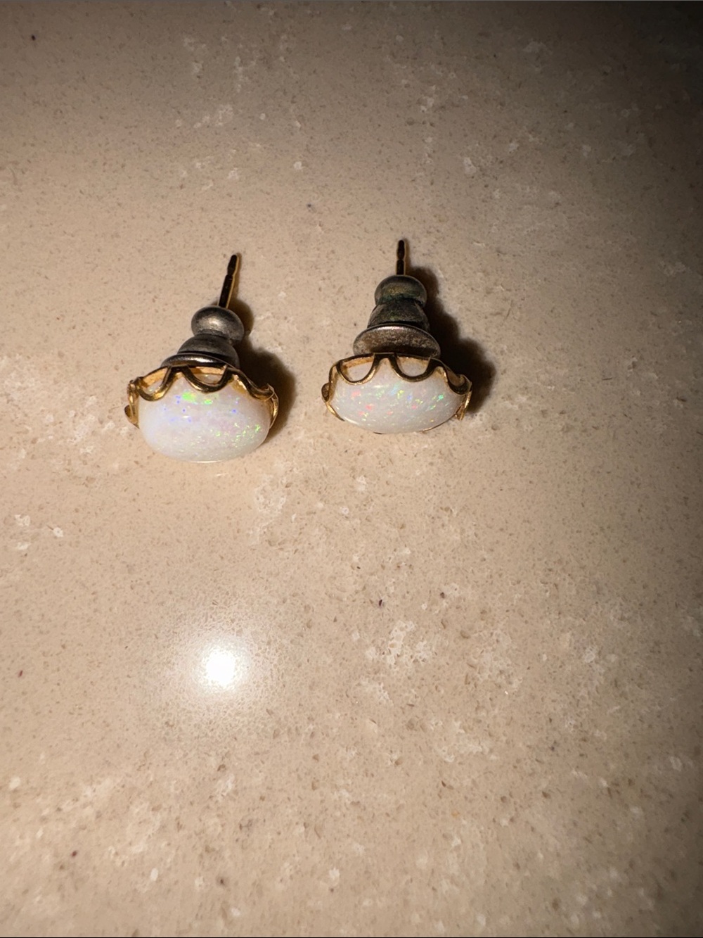 White Opal Dome Stud Earrings with Gold Accents